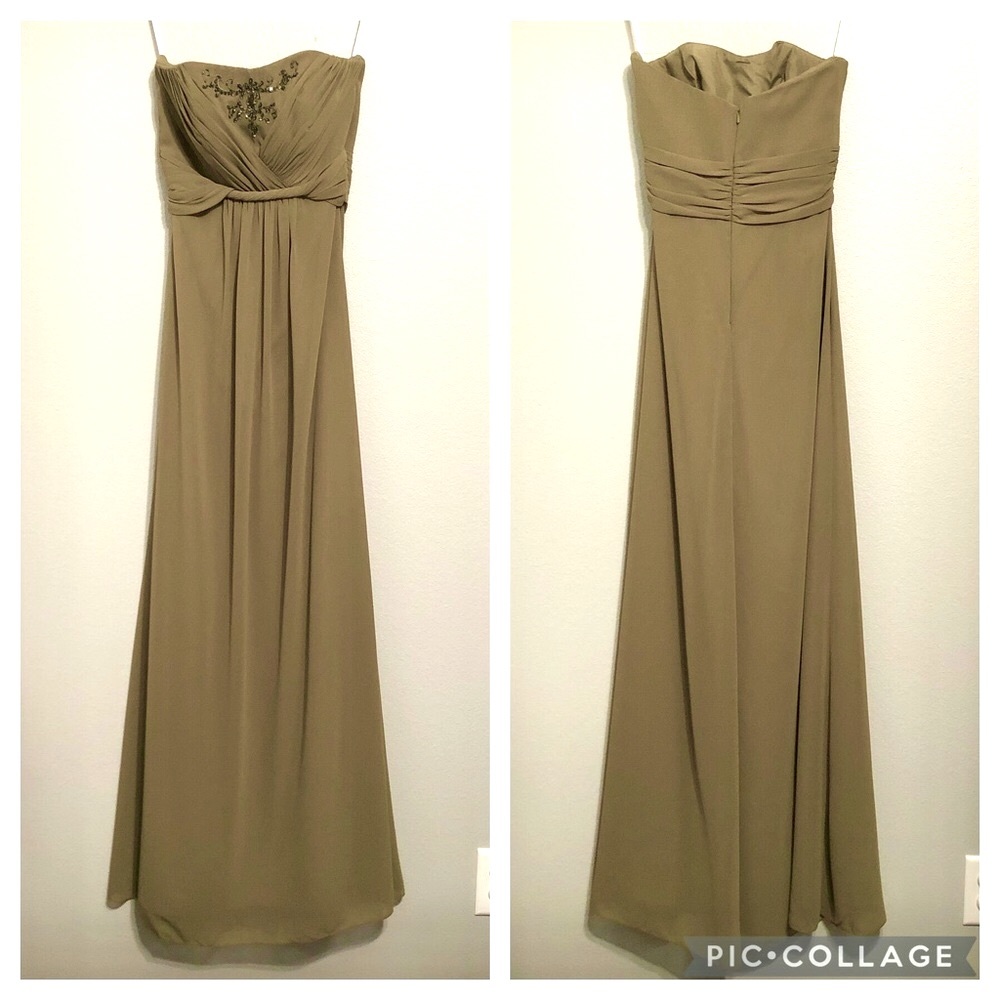 David’s Bridal NWOT Fern Green Strapless Chiffon Dress with Beads